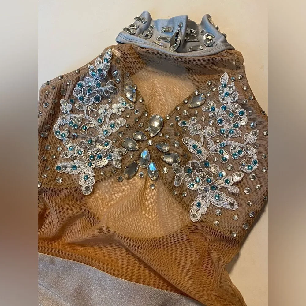 Patrick J designs dance costume silver gray nude illusion rhinestoned leotard CM